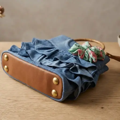 [FL010320005] Upcycled Re-Denim Ruffle Mini Tote Bag 